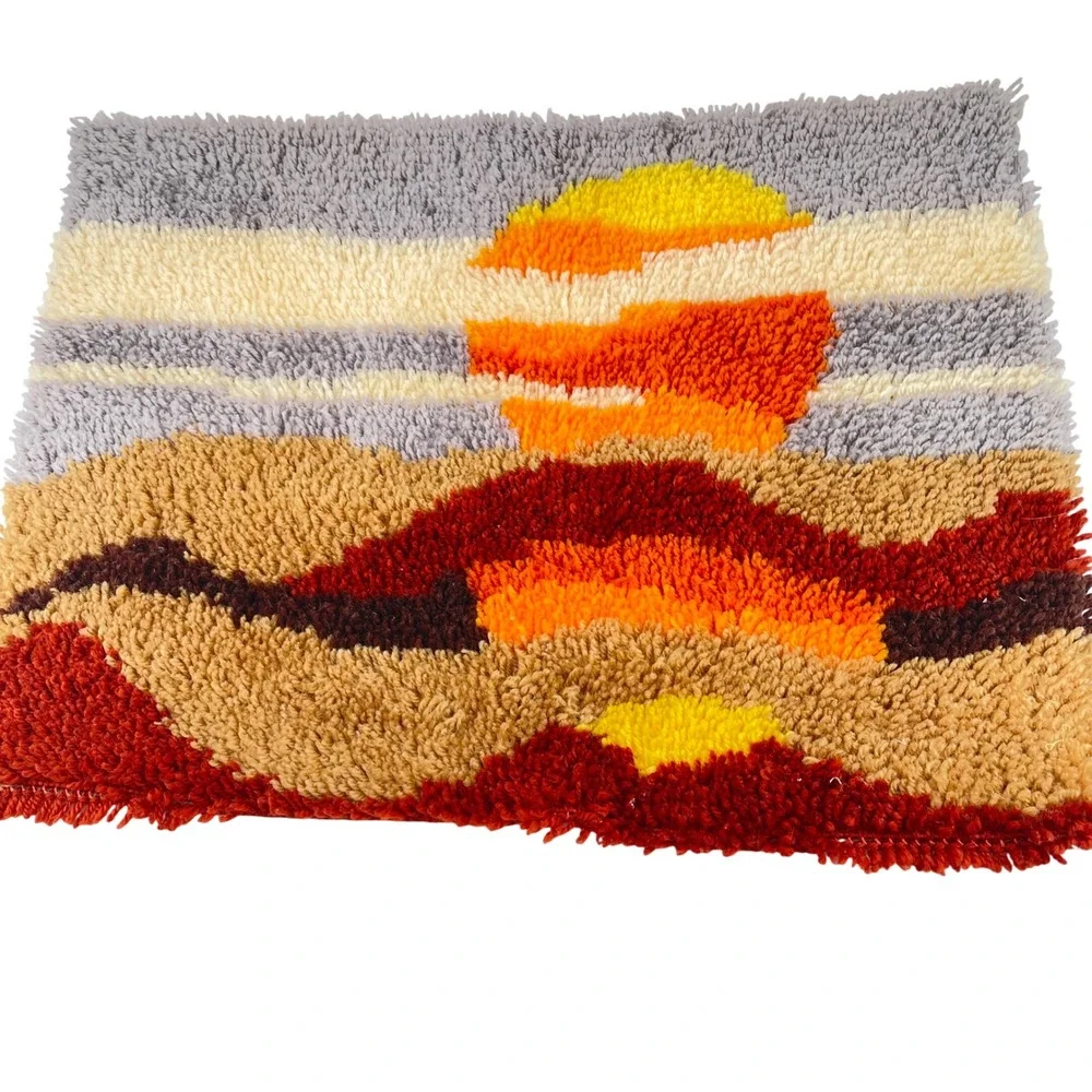 Vtg Latch Hook Wall Hanging Desert Sunset Retro 70s Shag Textile Art 27x20 Boho